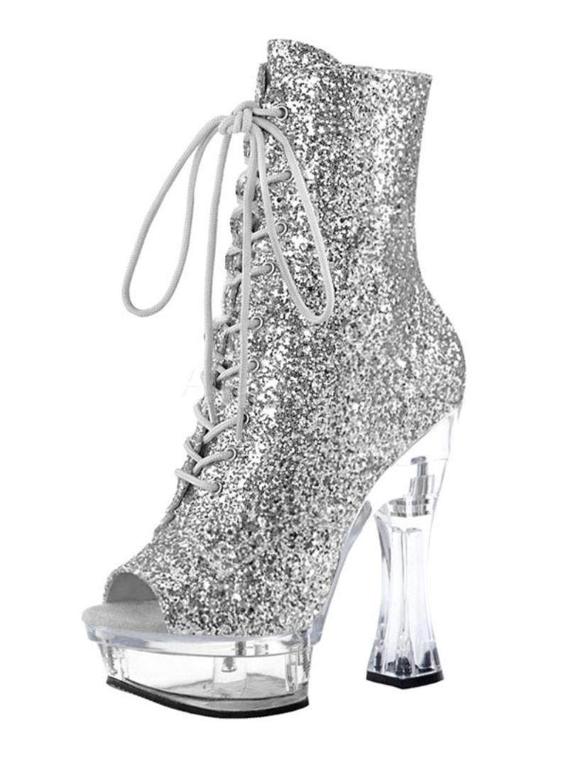 Paaldansschoenen Dames Glitter Lace Up Sexy Enkellaarzen Doorzichtig Platform Dikke Hakken - Zilver