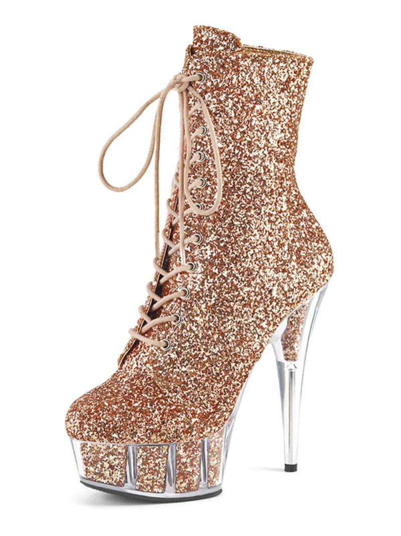 Paaldansschoenen Dames Glitter Lace Up Sexy Enkellaarzen Platform Stiletto Hakken