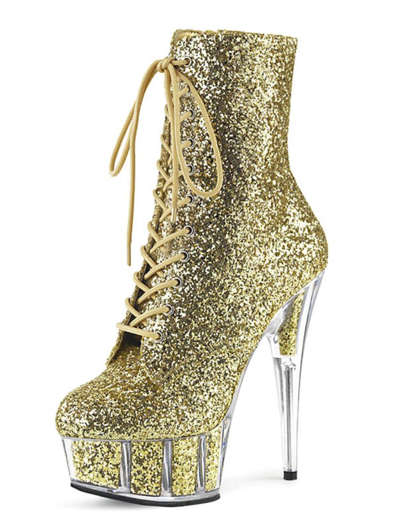 Paaldansschoenen Dames Glitter Lace Up Sexy Enkellaarzen Platform Stiletto Hakken - Goud