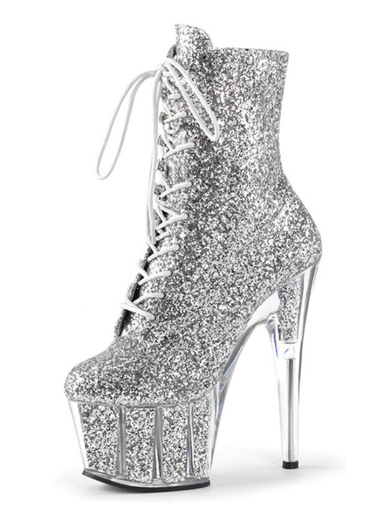 Paaldansschoenen Dames Glitter Lace Up Sexy Enkellaarzen Platform Stiletto Hakken - Zilver