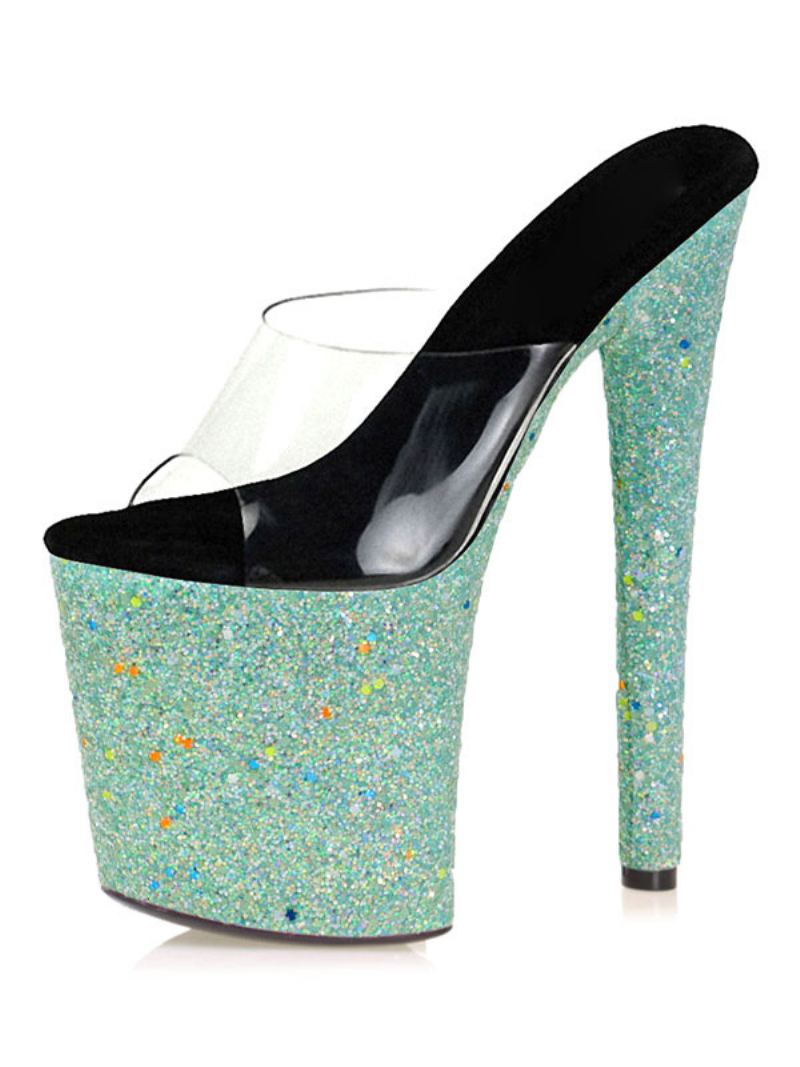 Paaldansschoenen Dames Glitter Platform Exotische Hoge Hak Transparante Muiltjes Cyaan