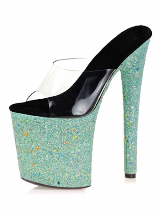 Paaldansschoenen Dames Glitter Platform Exotische Hoge Hak Transparante Muiltjes Cyaan