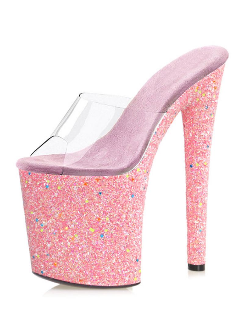 Paaldansschoenen Dames Glitter Platform Exotische Hoge Hak Transparante Muiltjes Cyaan - Roze