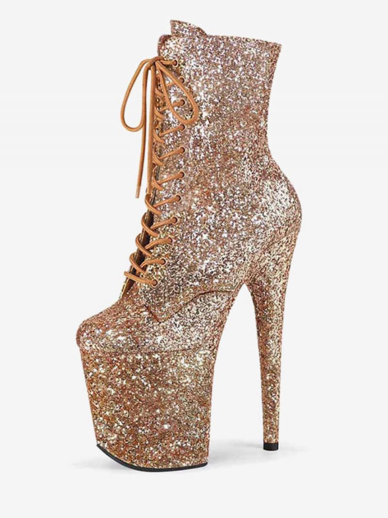 Paaldansschoenen Dames Glitter Veterschoenen Met Naaldhak Stilettohak Platform 10 cm - Goud