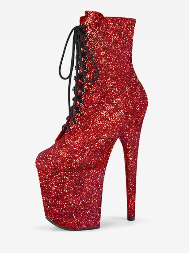 Paaldansschoenen Dames Glitter Veterschoenen Met Naaldhak Stilettohak Platform 10 cm - Rood