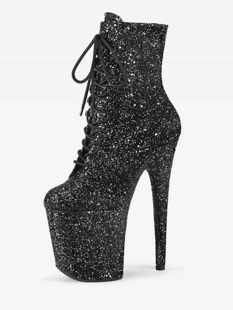 Paaldansschoenen Dames Glitter Veterschoenen Met Naaldhak Stilettohak Platform 10 cm - Zwart