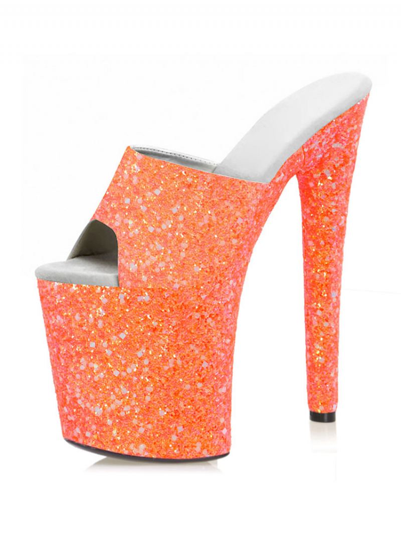 Paaldansschoenen Dames Sexy Glitter Exotische Hakken Platform Sky High Heels Mule Roze - Oranjerood