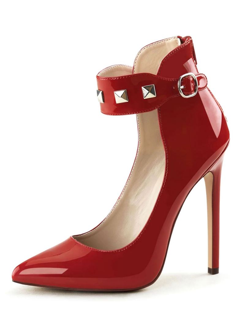 Paaldansschoenen Dames Sexy Hoge Hakken Zwart Puntschoen Enkelbandje Pailletten Schoenen Stripper - Rood