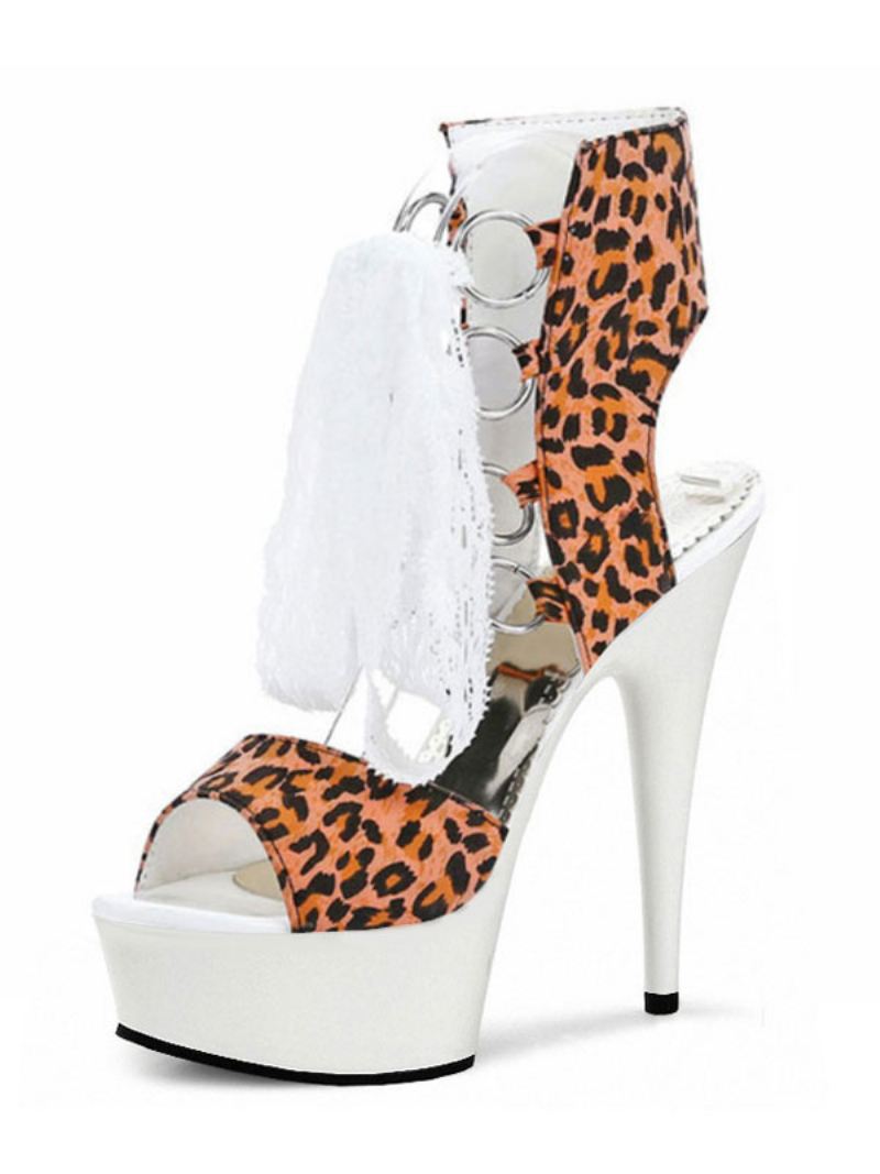 Paaldansschoenen Dames Sexy Laarzen Gele Luipaardprint Pu-leer Peep Toe Naaldhak Sandalen Met Veters - Oranje