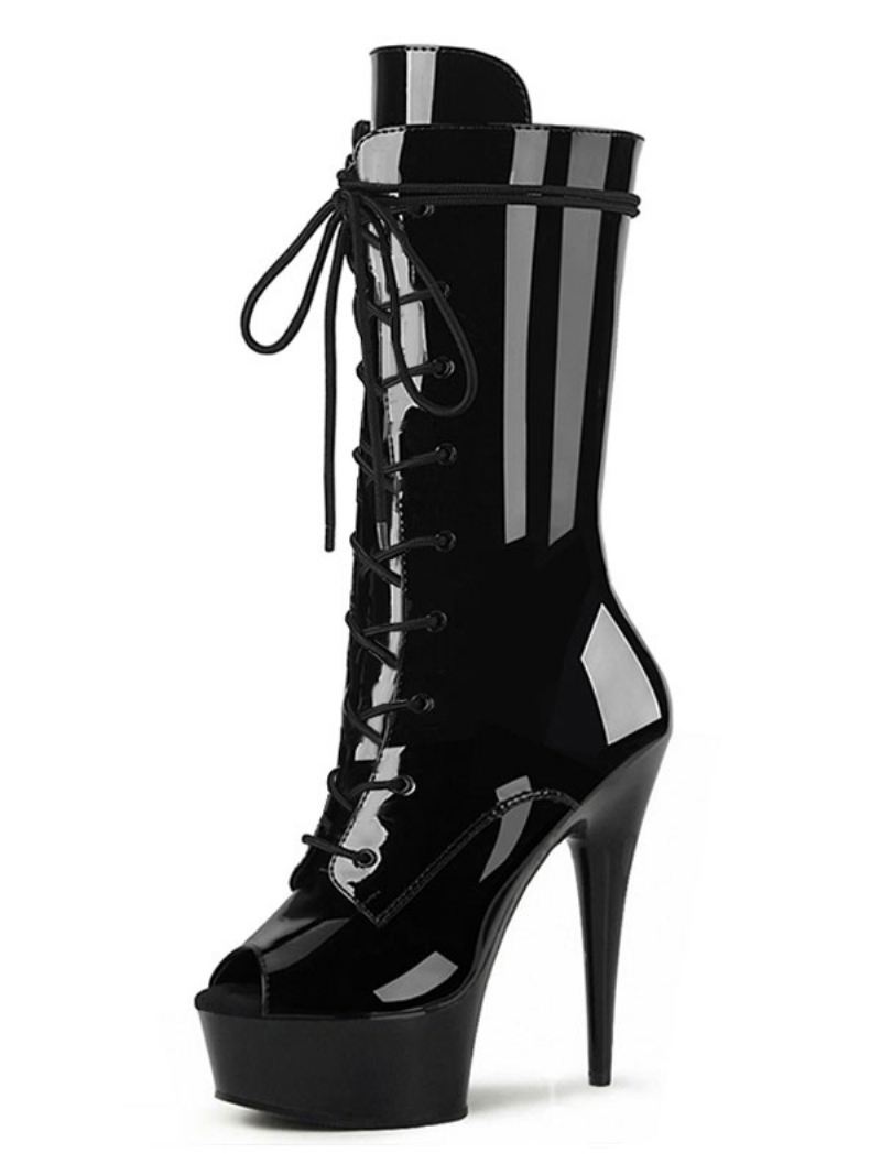 Paaldansschoenen Dames Sexy Lace Up Exotische Hakken Platform Laarzen Stripper Schoenen Zwart Lakleer