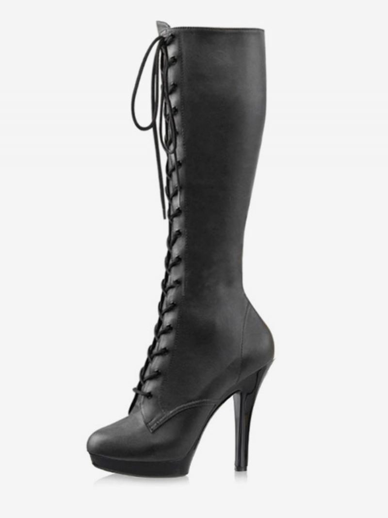 Paaldansschoenen Dames Sexy Lace Up Platform Stiletto Hak Knielaarzen - Diepgrijs