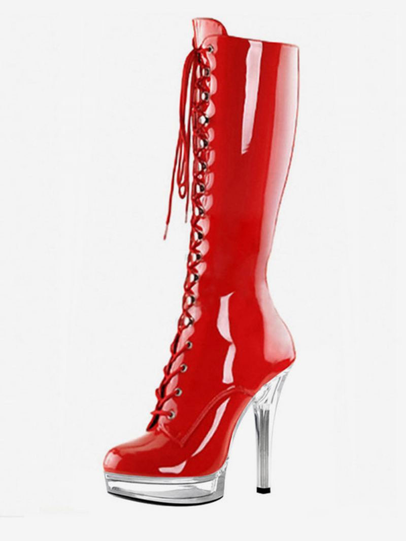 Paaldansschoenen Dames Sexy Lace Up Platform Stiletto Hak Knielaarzen - Rood