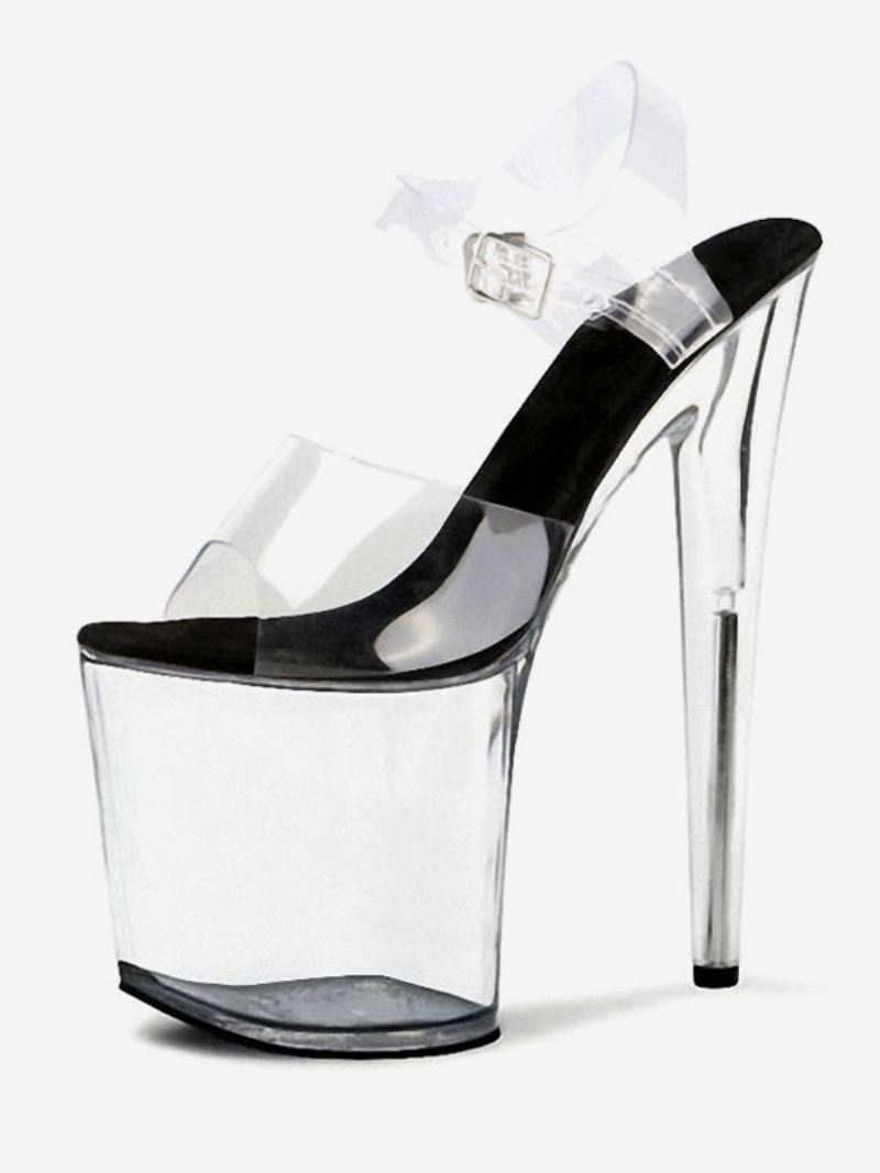 Paaldansschoenen Dames Sexy Sandalen Wit Pvc Bovenwerk Open Teen Naaldhak Sky Hoge Hak Enkelbandje Hakken Stripper Schoenen - Zwart