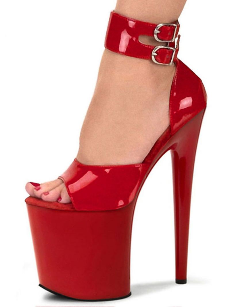 Paaldansschoenen Dames Sexy Sandalen Zwart Pu-leer Open Teen Naaldhak Hemelhoge Hak Enkelbandje Hakken Stripper Schoenen - Rood