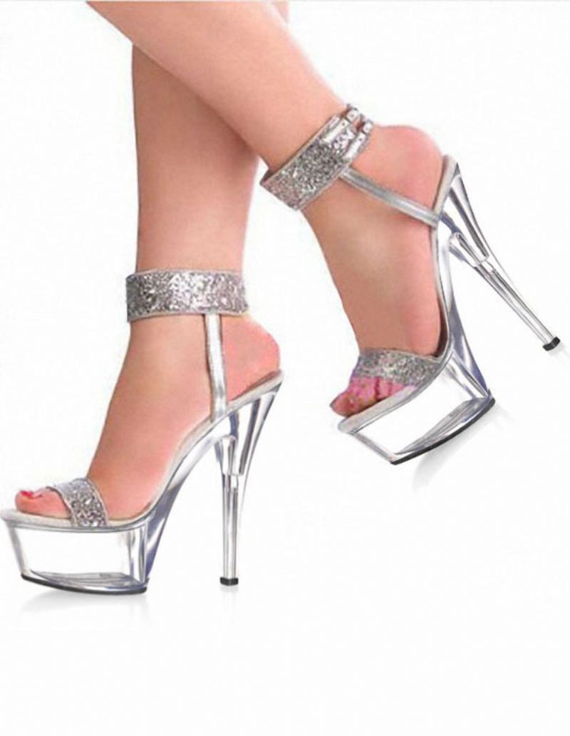 Paaldansschoenen Kerstmis Damessandalen Met Enkelbandjes Exotische Glitter Lovertjes Sexy Damesschoenen Stripperschoenen - Zilver