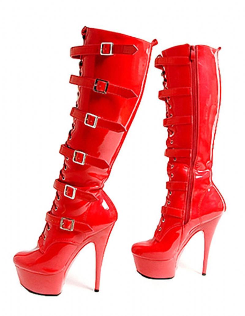 Paaldansschoenen Platform Hoge Hak Laarzen Dames Knielengte Club Sexy Schoenen Gesp Punk Paaldansen Lakhak Stripper