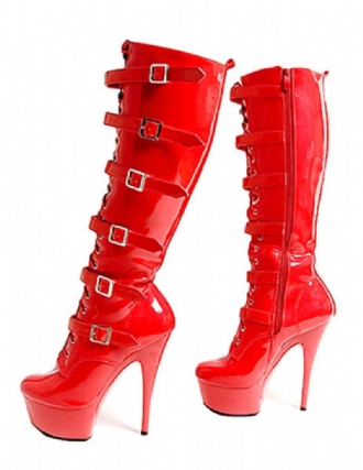 Paaldansschoenen Platform Hoge Hak Laarzen Dames Knielengte Club Sexy Schoenen Gesp Punk Paaldansen Lakhak Stripper