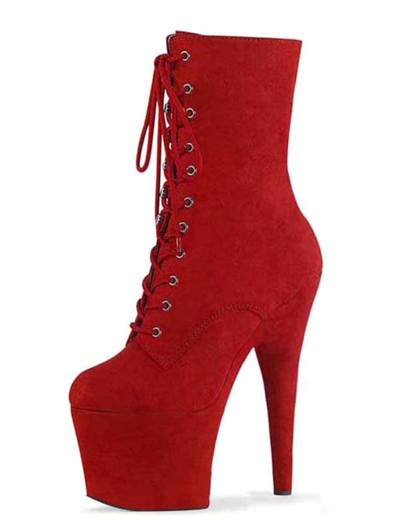 Paaldansschoenen Sexy Dames Enkellaarzen Met Veters Platform Torenhoge Hakken - Rood