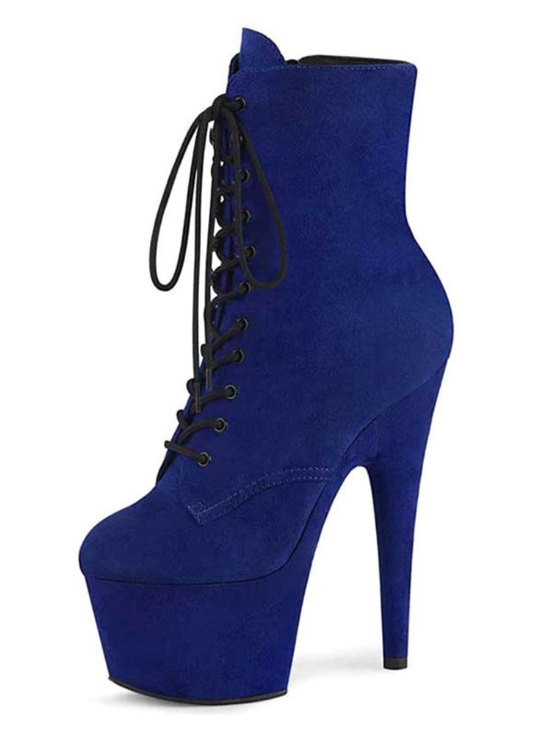 Paaldansschoenen Sexy Dames Enkellaarzen Met Veters Platform Torenhoge Hakken - Blauw