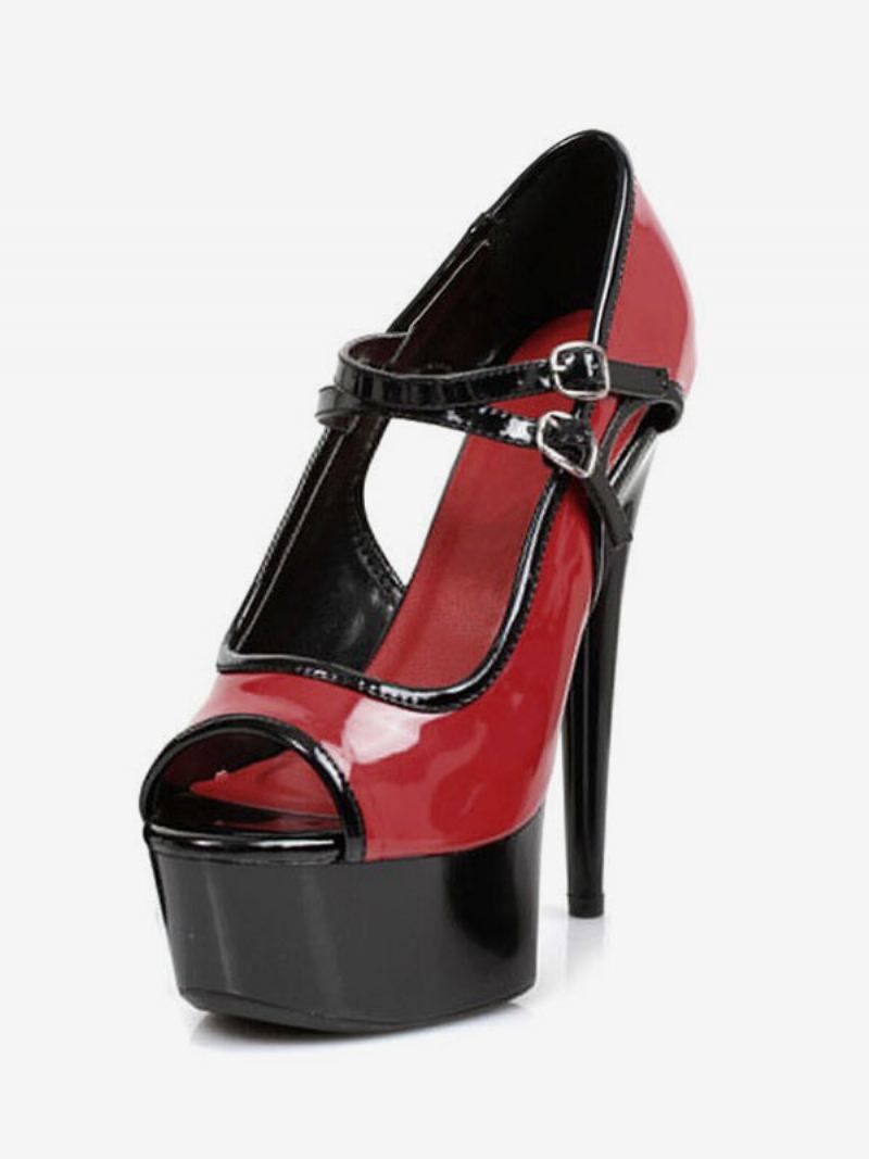 Paaldansschoenen Sexy Hoge Hakken Dames Platform Peep Toe Gesp Detail Pompen Stripper Schoenen - Rood