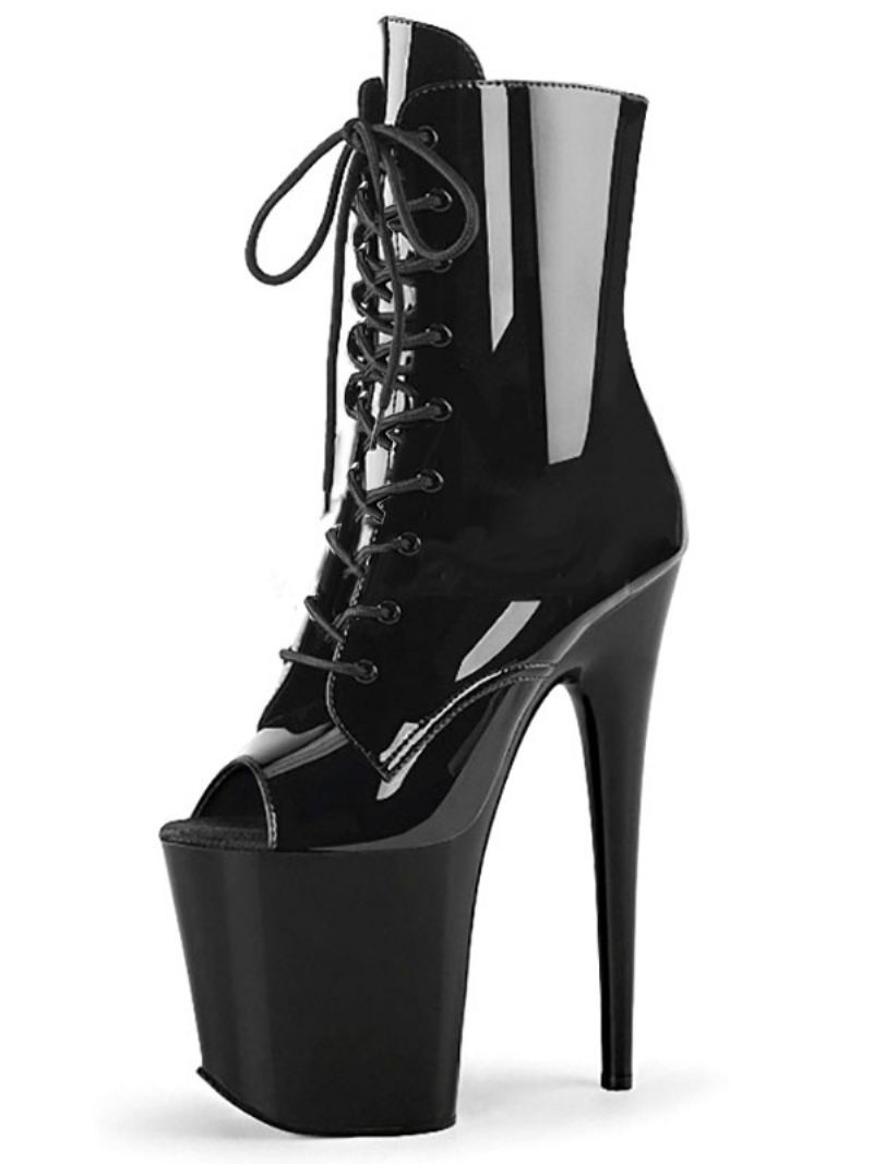 Paaldansschoenen Sexy Peep Toe Enkellaarzen Dames Met Vetersluiting Naaldhak - Zwart