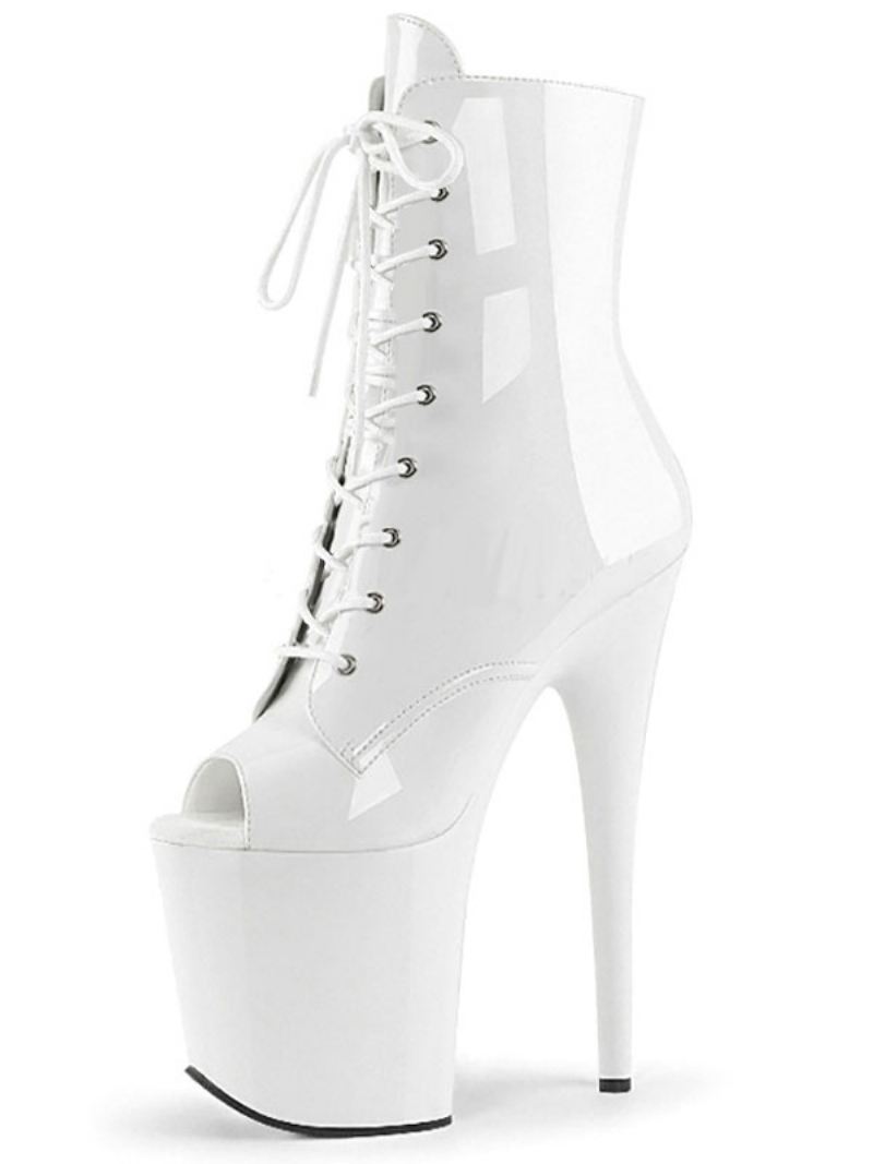 Paaldansschoenen Sexy Peep Toe Enkellaarzen Dames Met Vetersluiting Naaldhak - Wit