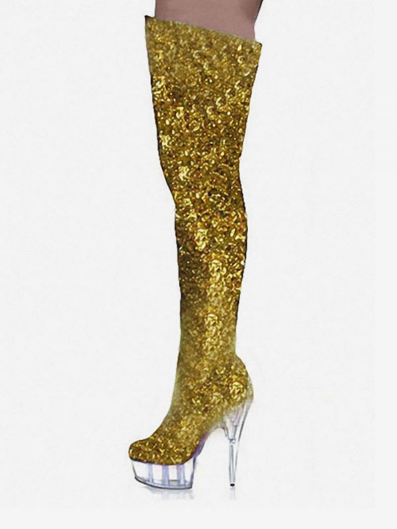 Paaldansschoenen Sparkly Stripper-schoenen Dames Platform-naaldhak-overknee-laarzen - Goud