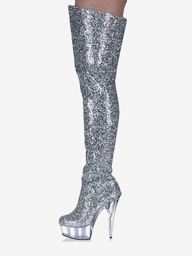 Paaldansschoenen Sparkly Stripper-schoenen Dames Platform-naaldhak-overknee-laarzen - Zilver