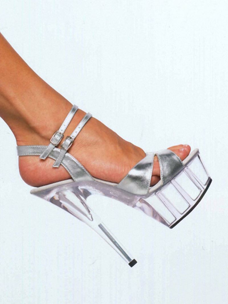 Paaldansschoenen Vrouwen Sexy Sandalen Zwart Lederen Platform Open Teen Hoge Hak Schoenen Stripper - Zilver