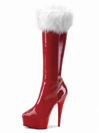 Rode Kerst Sexy Platformlaarzen Dames Bontafwerking Hoge Hak Laarzen Winterschoenen