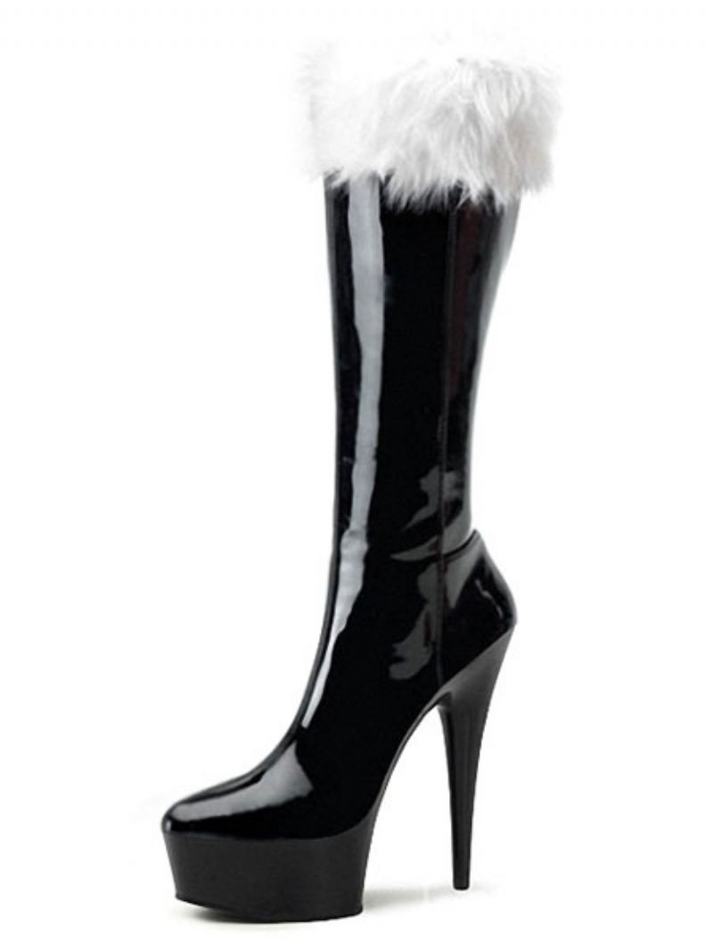 Rode Kerst Sexy Platformlaarzen Dames Bontafwerking Hoge Hak Laarzen Winterschoenen - Zwart