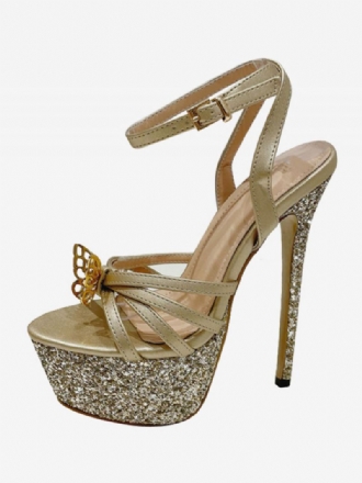 Sandalen Met Hoge Hak Goud Pu-leer Peep Toe Prom-schoenen Damesfeestschoenen