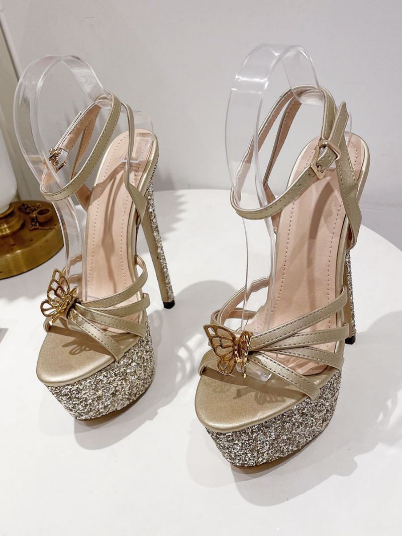 Sandalen Met Hoge Hak Goud Pu-leer Peep Toe Prom-schoenen Damesfeestschoenen - Goud