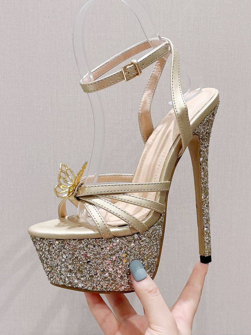 Sandalen Met Hoge Hak Goud Pu-leer Peep Toe Prom-schoenen Damesfeestschoenen - Goud