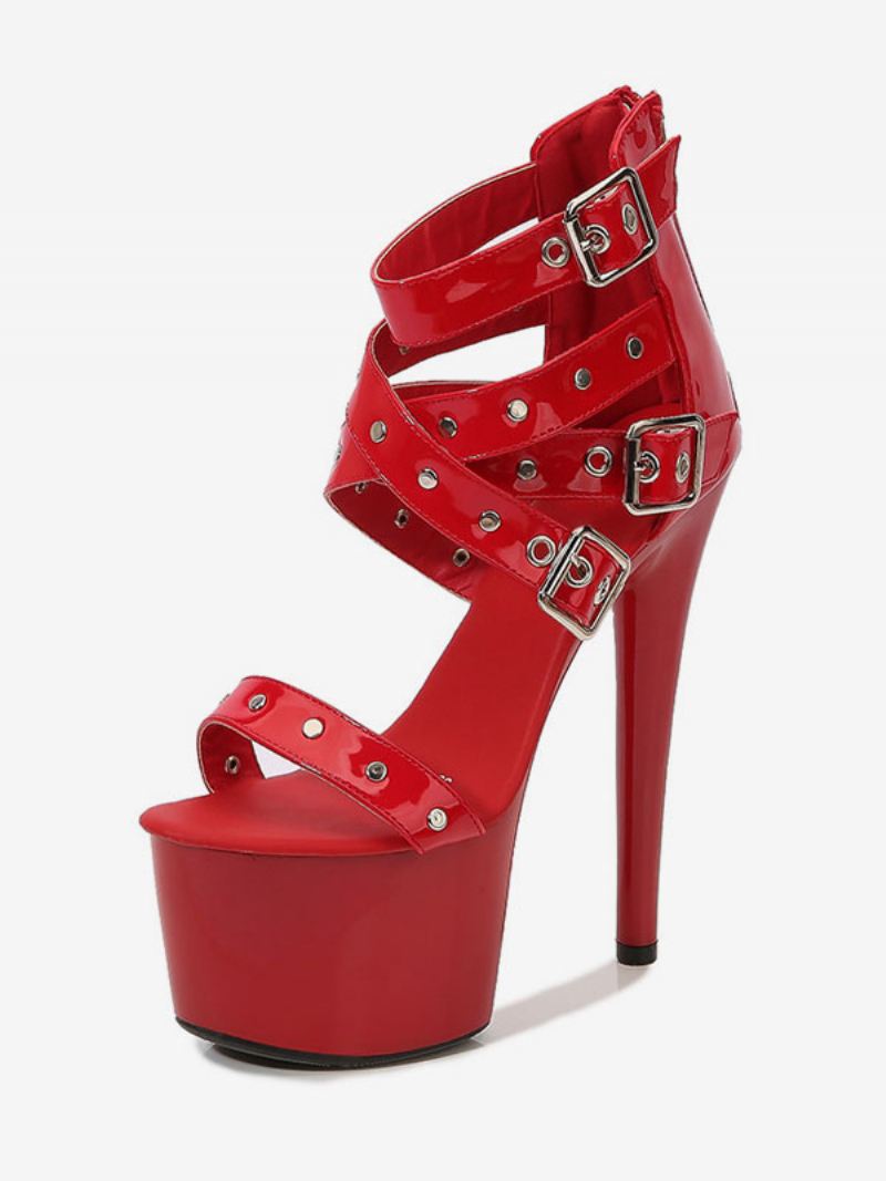 Sexy Pleaser-laarzen Dames Zwart Platform Met Bandjes Hoge Hak Paaldansschoenen - Rood