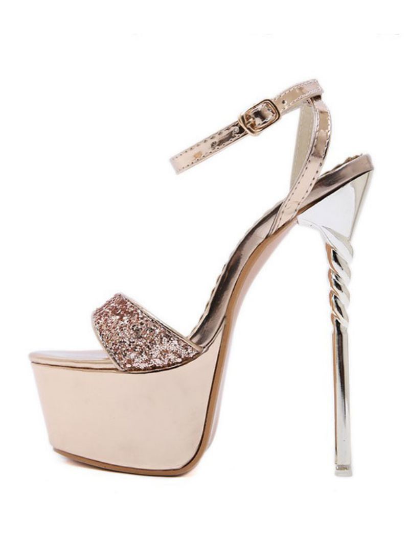 Sexy Sandalen Dames Blonde Lovertjes Stof Met Open Teen Platformschoenen - Goud