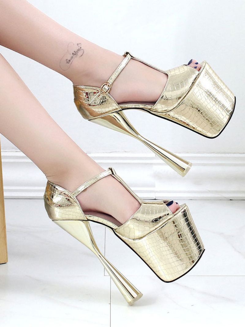 Sexy Sandalen Dames Zilver Pu-leer Peep Toe Naaldhak Enkelband Hakken - Goud