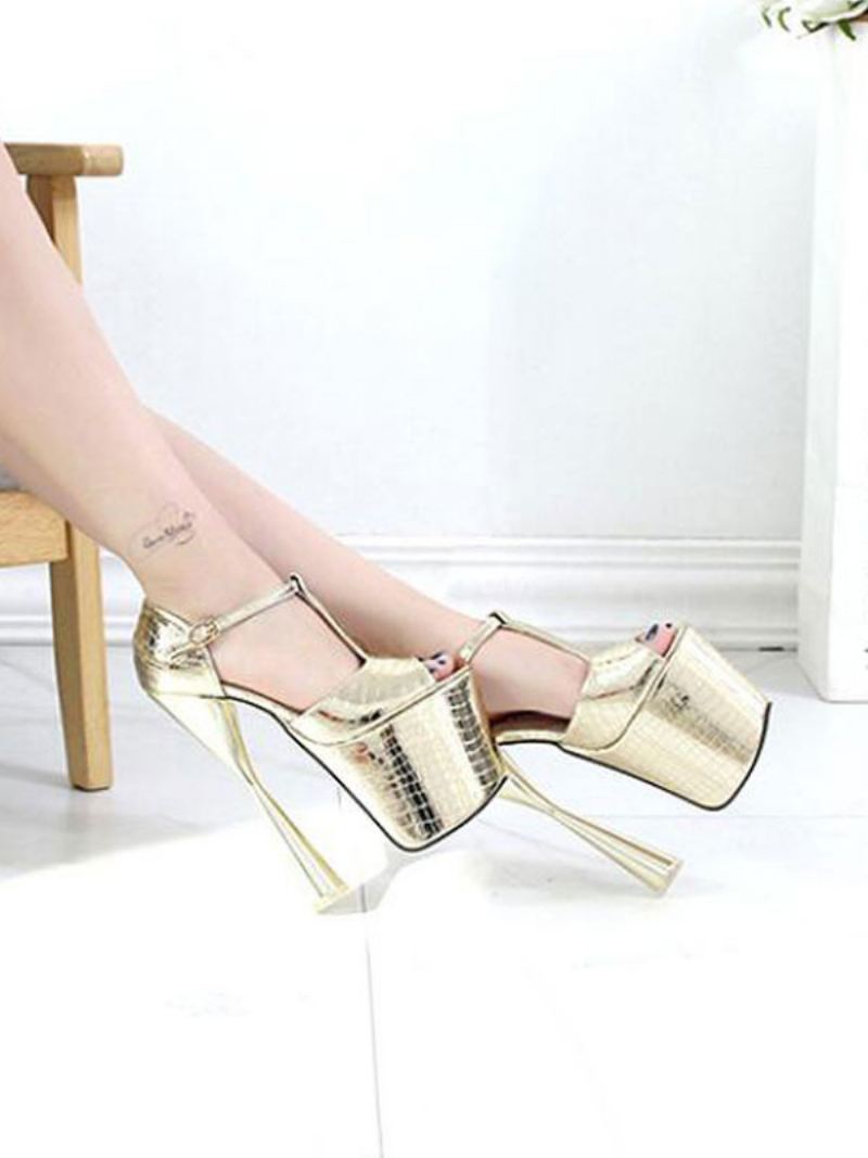 Sexy Sandalen Dames Zilver Pu-leer Peep Toe Naaldhak Enkelband Hakken - Goud