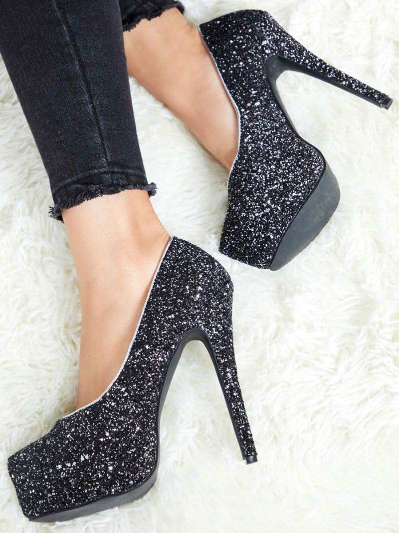 Sparkly Platformpompen Dames Zwarte Galaschoenen Hoge Hakken Feestschoenen