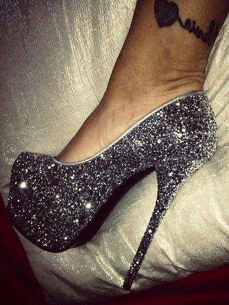 Sparkly Platformpompen Dames Zwarte Galaschoenen Hoge Hakken Feestschoenen - Zwart