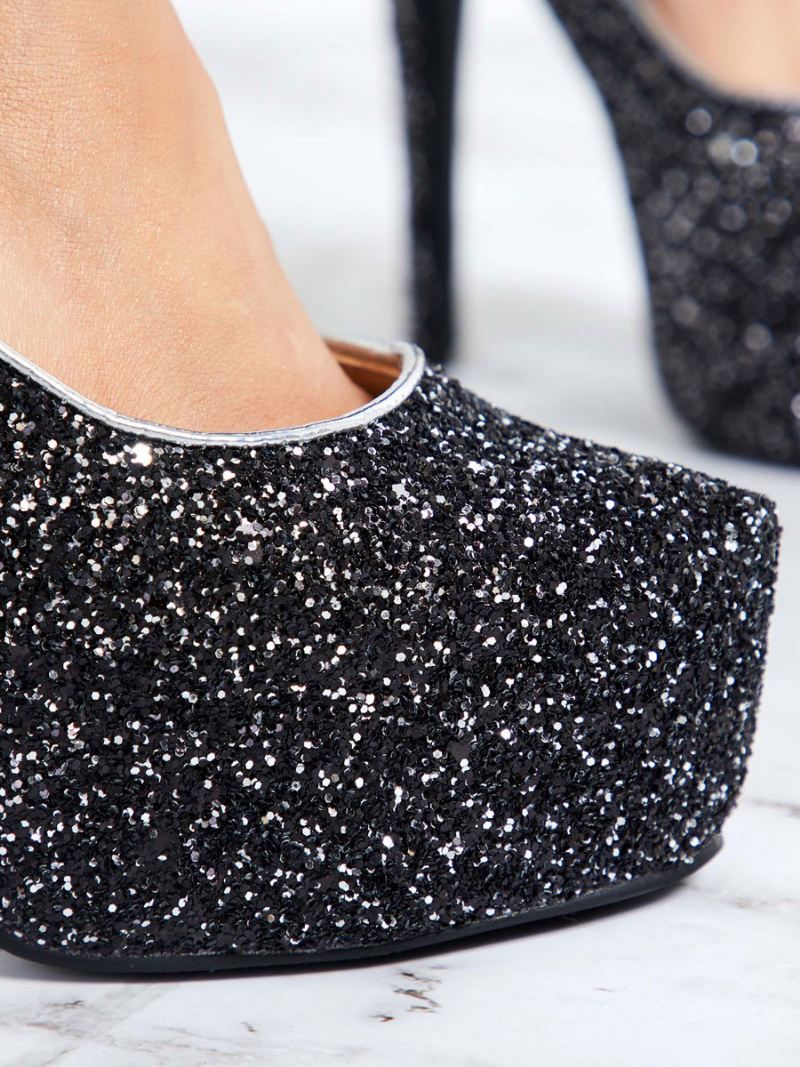 Sparkly Platformpompen Dames Zwarte Galaschoenen Hoge Hakken Feestschoenen - Zwart