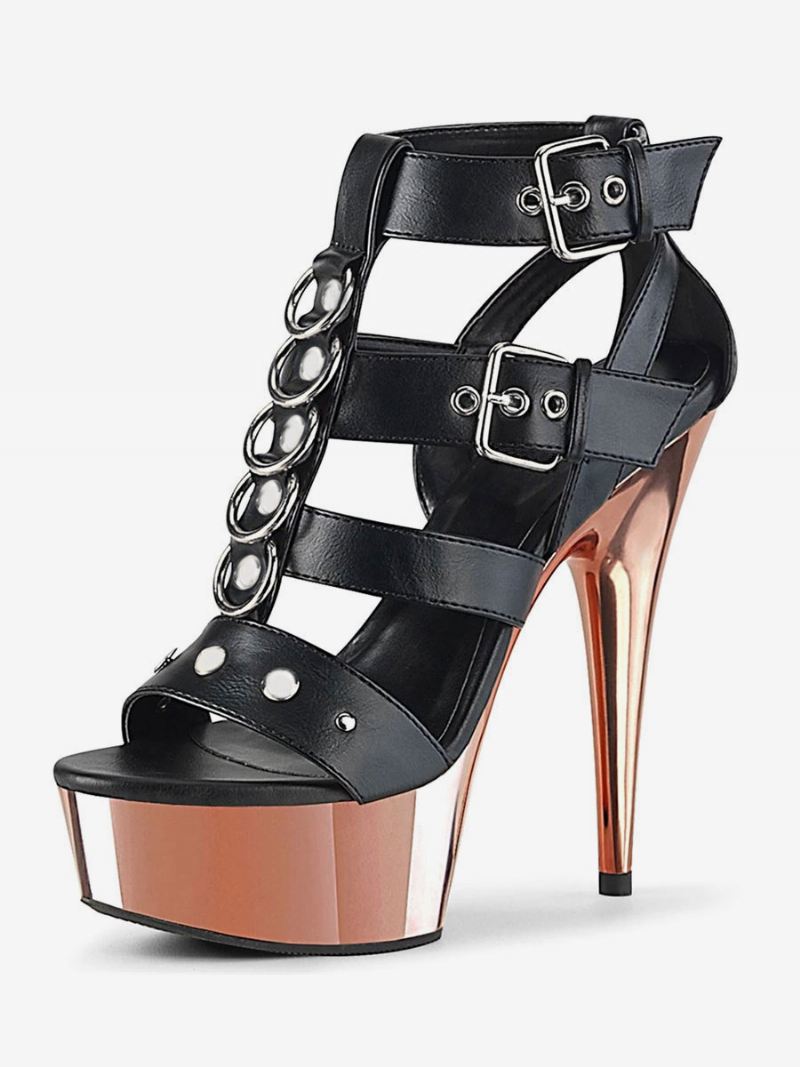 Vrouwen Paaldansschoenen Hoge Hak Sexy Sandalen Zwart Lederen Peep Toe Gladiator Platform Stripper Schoenen