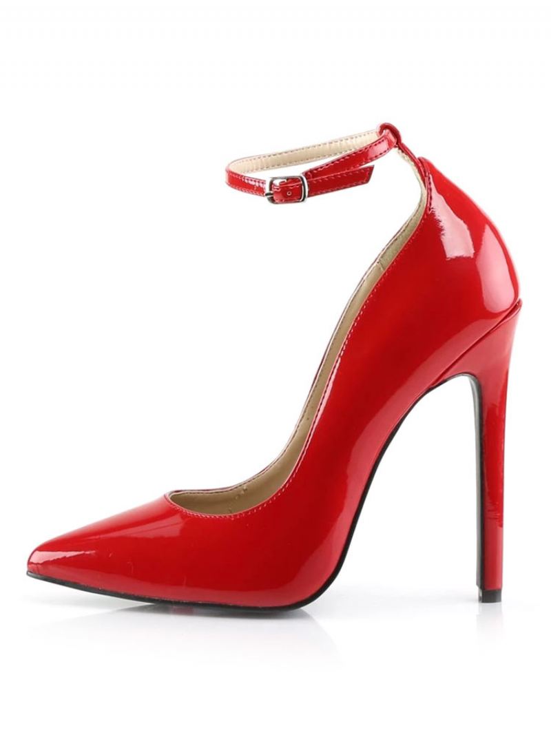 Vrouwen Sexy Hoge Hakken Enkelbandje Zwarte Puntige Neus Pailletten Pompschoenen - Rood