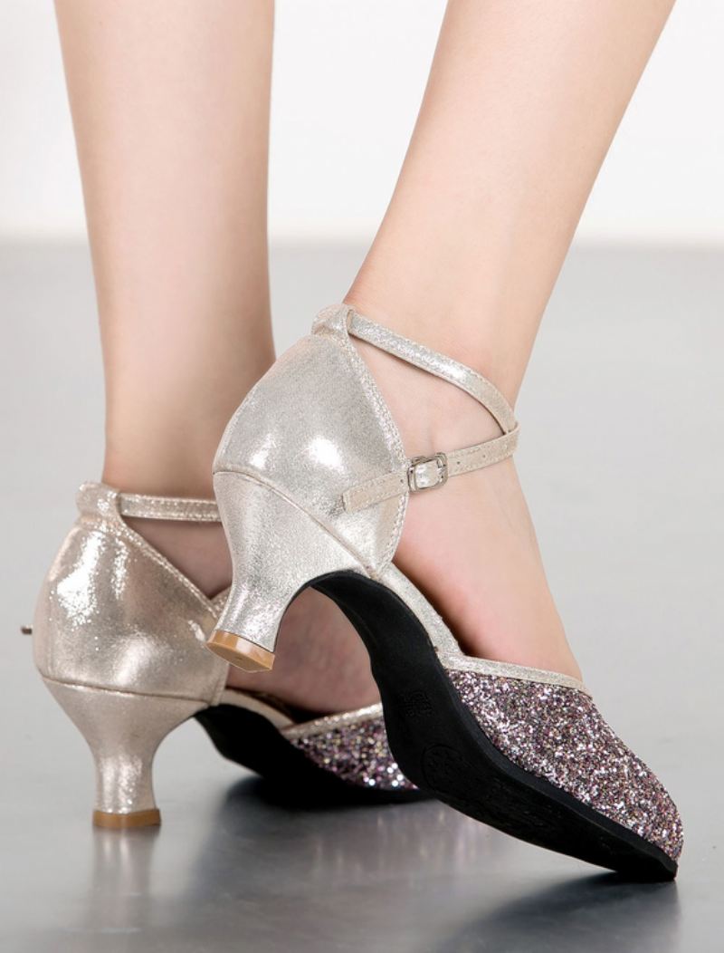 Zilveren Dansschoenen Dames Glitter Ronde Neus Criss Cross Latin Ballroom Schoenen - Champagne