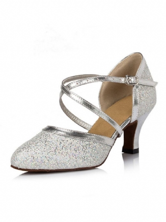 Zilveren Dansschoenen Glitter Puntschoen Criss Cross Latin Dames Salsa