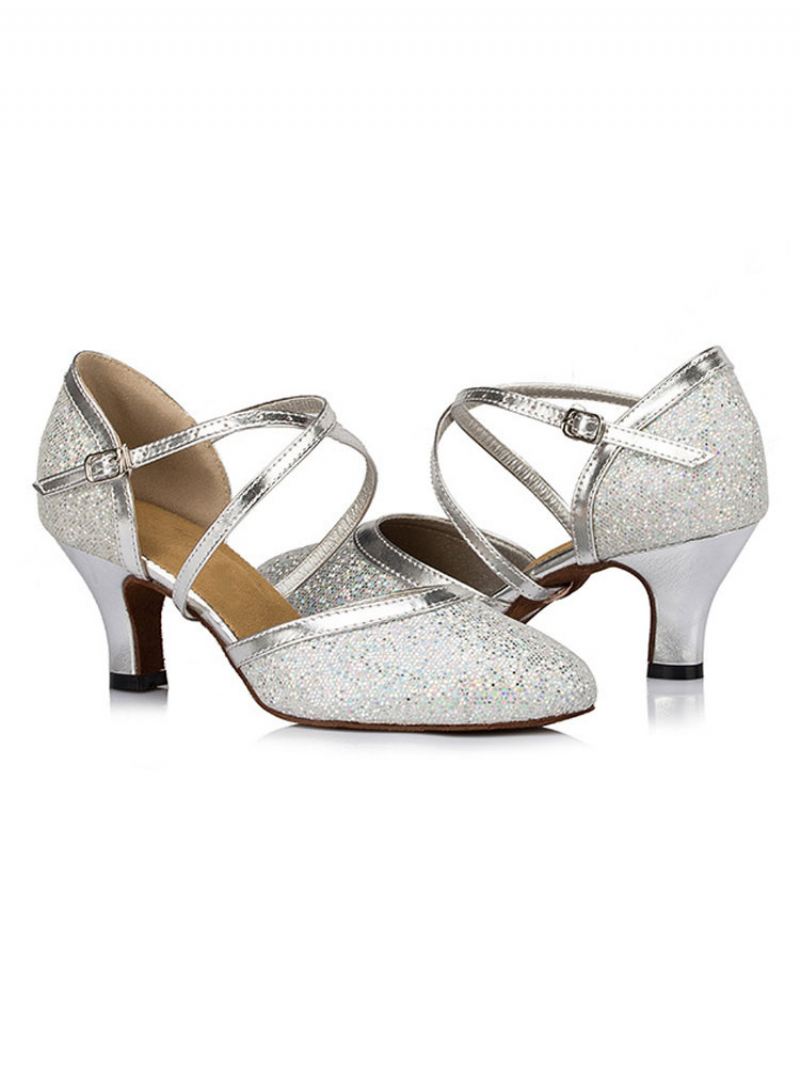 Zilveren Dansschoenen Glitter Puntschoen Criss Cross Latin Dames Salsa - Zilver