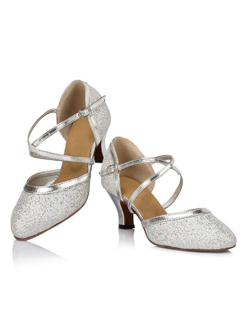 Zilveren Dansschoenen Glitter Puntschoen Criss Cross Latin Dames Salsa - Zilver