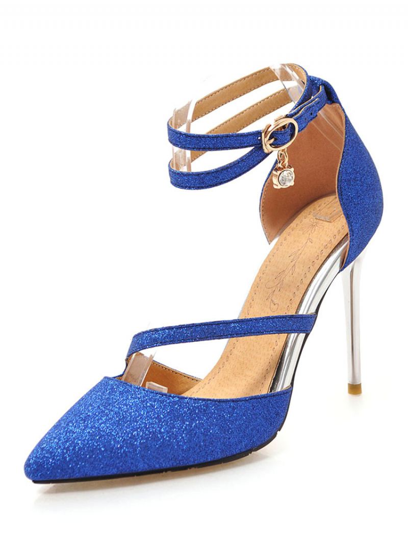 Zilveren Hoge Hakken Glitter Puntige Neus Enkelbandje Prom Schoenen Dames Avondschoenen - Blauw