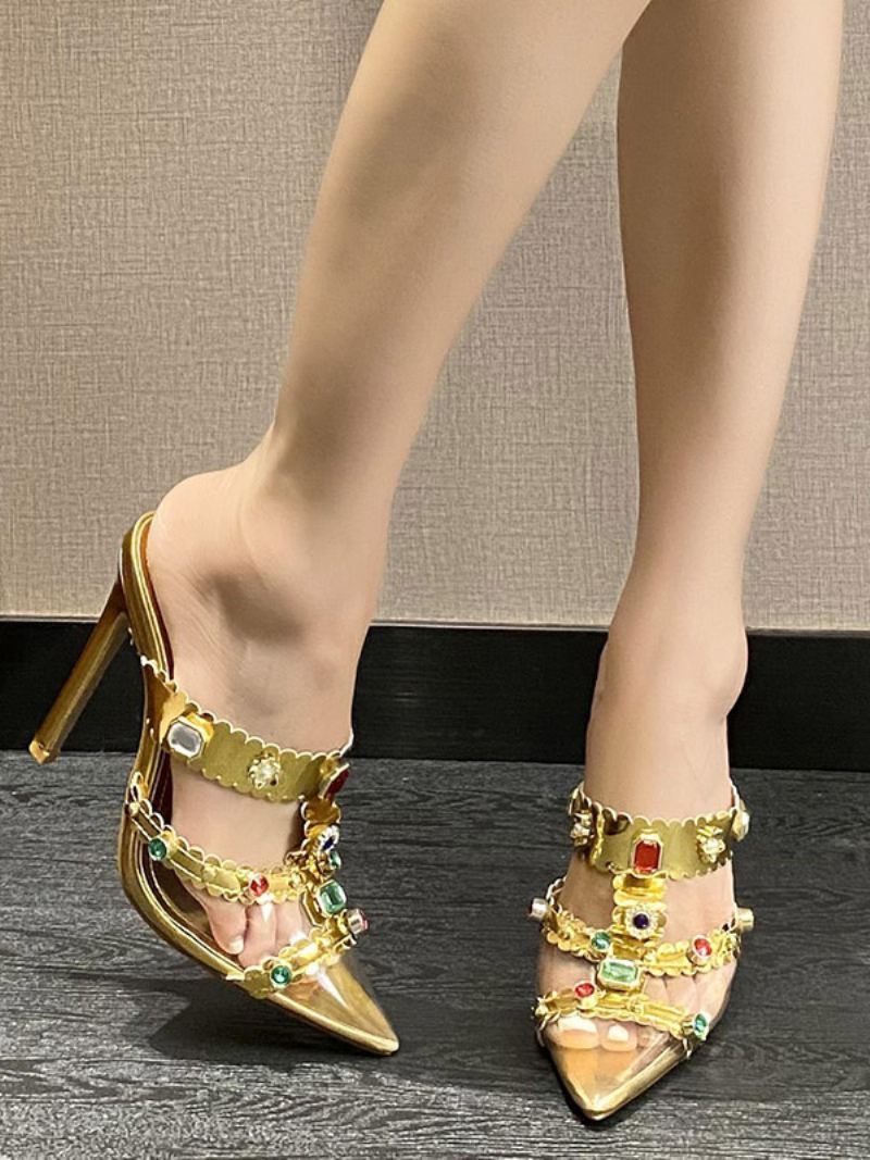 Zwarte Avondplatforms Dames Pvc-bovenwerk Puntige Neus Strass Steentjes Hoge Hak Feestschoenen - Goud