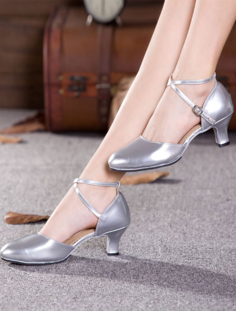 Zwarte Dansschoenen Vrouwen Ronde Neus Criss Cross Tango Latin - Zilver